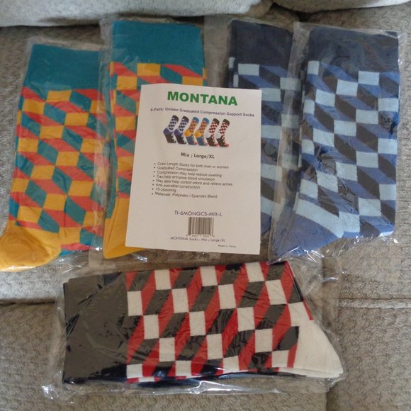 Montana Women's Graduated Compression Crew Socks Checkered Design 5 Pair XL - Picture 1 of 8